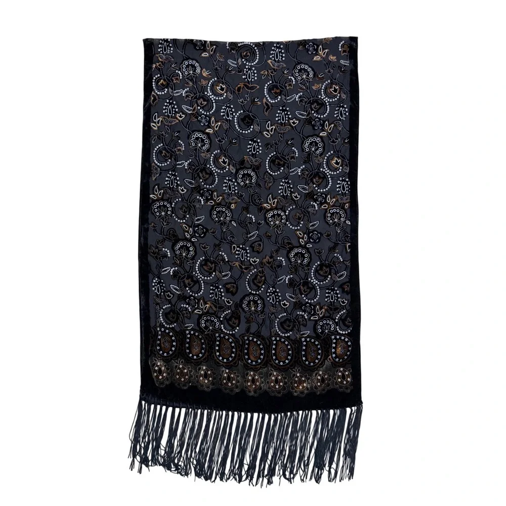 Vtg Velvet Burnout Scarf silky Black Brown Floral Paisley Fringe Witchy Romantic